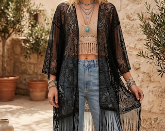 Black boho cardigan with tassels, beige lace mid length boho kimono, red light cardigan with tinsel, beach kimono, plus size bikini cover up