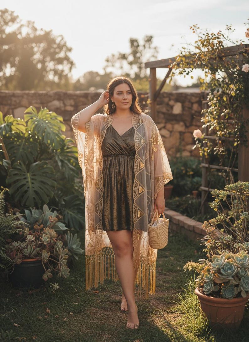 May include: A sheer, beige kimono featuring intricate gold embroidery and long fringe at the hem, worn over a metallic bronze, sleeveless mini dress with a V-neckline. A small, light-coloured woven straw handbag is held in one hand.