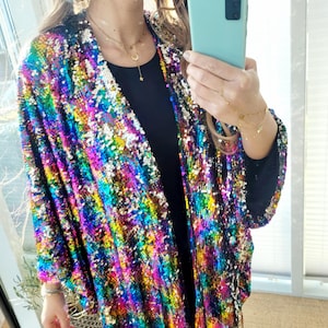 Colorful reversible sequin cardigan, reversable sequinned jacket plus size, rave sequin long kimono, iridescent coachella kimono