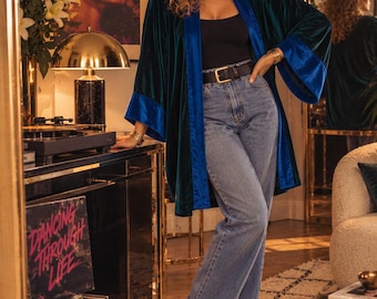 Women's velvet jacket, velvet kimono-lined, dark green boho jacket with blue trim, kimono cardigan, plus size, custom made