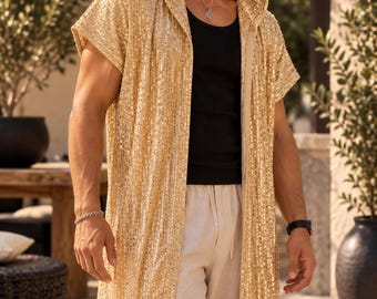 Men’s Sequin Vest, Gold Festival Vest, Sequin Cardigan for Men, Burning Man Outfit, Festival Clothing, Custom Sequin Duster