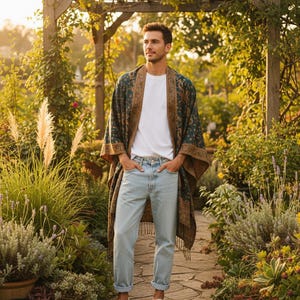 Könnte beinhalten: Eine Person trägt einen gemusterten Schal über einem weißen T-Shirt und hellblauen Jeans in einem Garten. Der Schal hat einen dunkelgrünen Hintergrund mit goldenen und braunen Akzenten. Weiße Slip-On-Schuhe vervollständigen den Look.