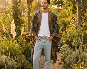Kimono men, unisex langer Boho-Cardigan, Paisley-Print-Kimono, leichter boho cjic Überwurf, Pashmina Jacke, petrol, black, dark orange