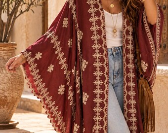 Plus size long cardigan, boho kimono, light cardigan with embroidery, festival kimono, black and gold kimono, women gift