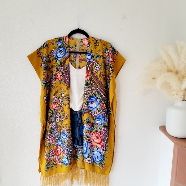 Cognac ukrainian cardigan with tassels, floral Ukrainian scarf kimono, babushka spring cardigan with russian flowers and tinsels