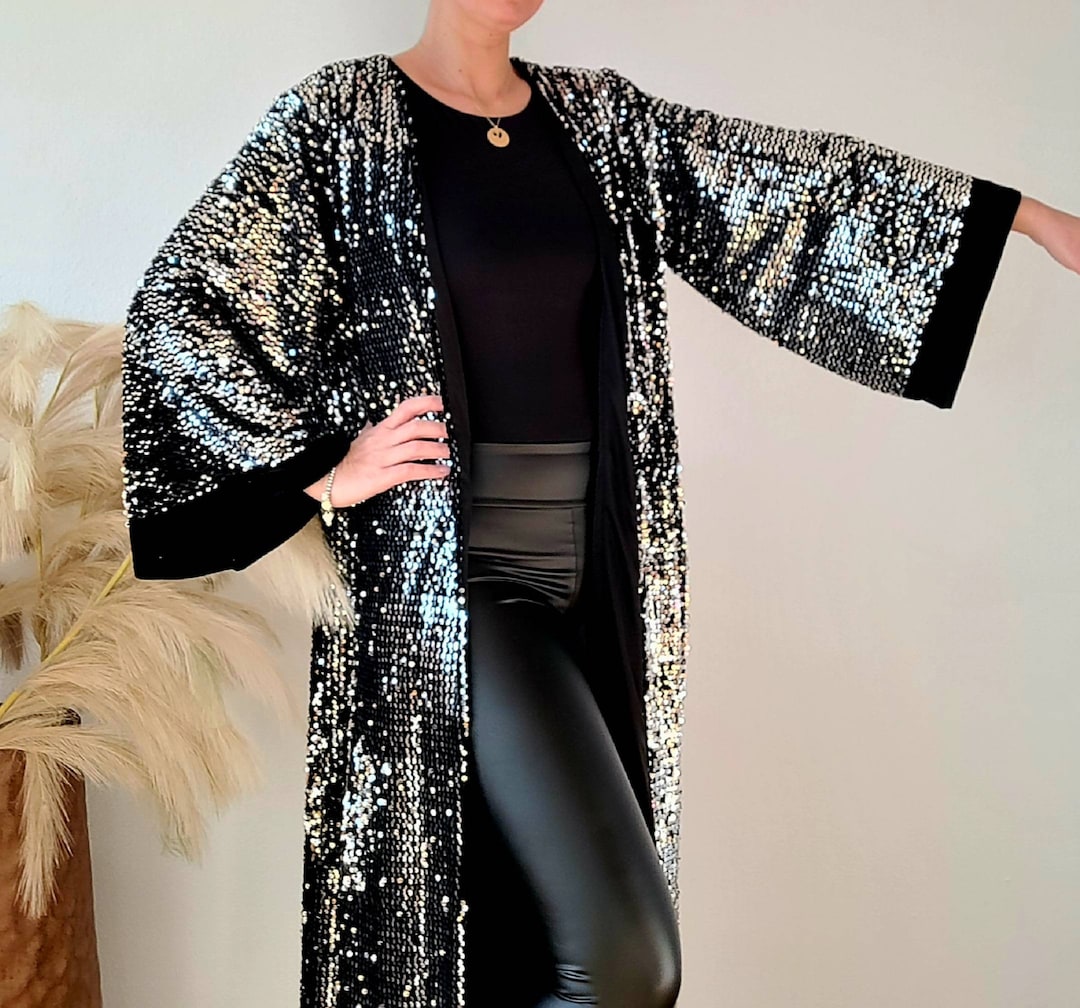 Black and Silver Long Sequins Kimono Velvet Kimono Robeplus Etsy