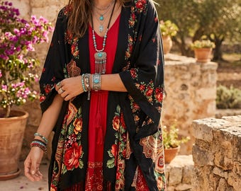 Black floral cardigan with tassels, boho black kimono, babushka spring cardigan with flowers and tinsels