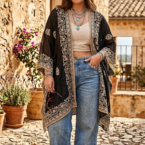 Plus size boho cardigan, Summer Cardigan, schwarzer Überwurf, schwarz-goldener poncho, Kimono Damen