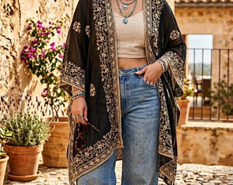 Plus size long cardigan, boho kimono, light cardigan with embroidery, festival kimono, black and gold kimono, women gift