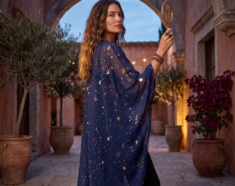 Unisex moon and stars cardigan, long darkblue kimono, men light cardigan,festival kimono, plus size Christmas cover up, christmas gift
