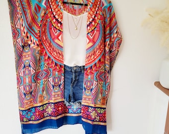 Unisex light cotton boho cardigan, African print kimono, light cardigan with tassels, beach kimono, plus size bikini cover up, ethnic poncho