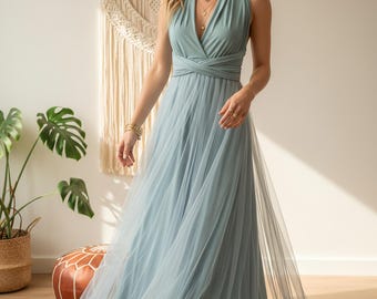 Anpassad pastellblå oändlighetsklänning, omlottklänning med tyllkjol, lång pastellklänning, sommarbrudklänning, rougerosa klänning