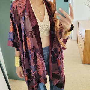 Unisex burgundy burnout velvet floral kimono, boho velvet kimono, shawl cardigan, wine red, black, plus size velvet shawl