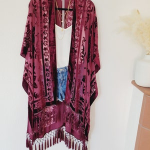 burnout velvet burgundy kimono with tassels, boho kimono, green cardigan with tinsels, festival kimono, black plus size velvet kimono