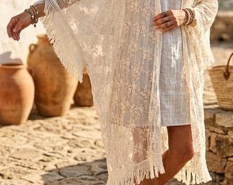 Customized boho kimono made of lace beige - long & transparent - vacation cover up - cardigan one size to plus size - lace robe