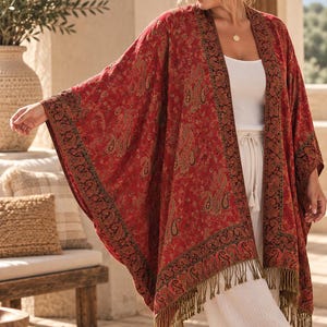 Cárdigan estilo bohemio, chaqueta larga con estampado paisley, cárdigan kimono extragrande, prenda ligera para otoño, tallas grandes S-3XL