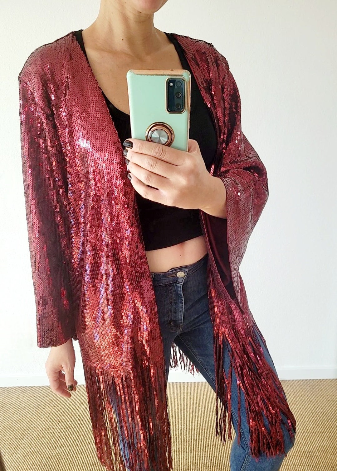 Red Sequin Cardigan With Tassels Oversized Party Jacket, Red Sequin