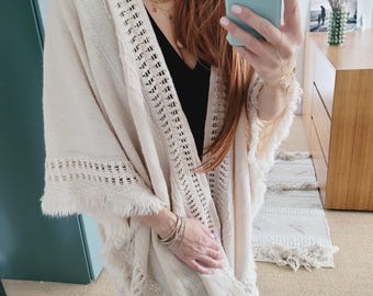 Boho Loom Kimono – Mysig marockansk kofta – Varmare kimono med öppen framsida – En storlek S-XL – Höst/vinter-överdrag