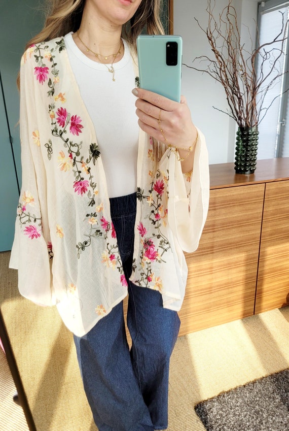 Beige floral cardigan, long  sleeve kimono, light cardigan, embroidered kimono, plus size bikini cover up, sheer kimono, boho floral duster