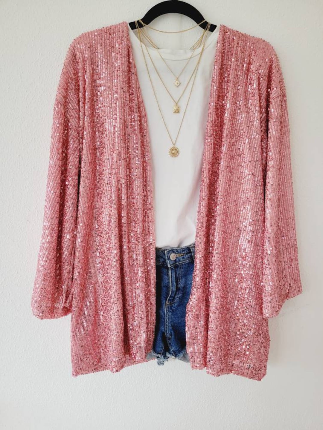 Customized Pink Short Sequin Cardigan/purple Sequin Kimono Jacket/ Plus Size Sequin Cardigan