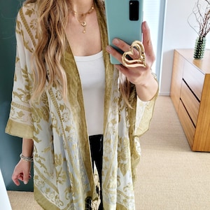 burnout velvet pistachio green kimono with tassels, boho kimono, green cardigan with tinsels, festival kimono, red plus size velvet kimono
