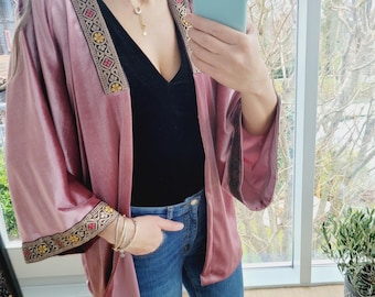 Velvet cardigan women, velvet blazer, old pink velvet kimono, embroidered kimono jacket, oversized velvet jacket royal blue, ethno cardigan