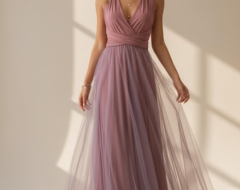 Anpassad rouge rosa oändlighetsklänning, omlottklänning med tyllkjol, pastell långklänning, sommarbrudklänning, pastellblå klänning