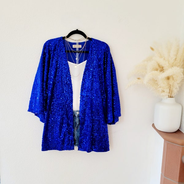 Veste à paillettes bleu royal personnalisée, veste étincelante de fête surdimensionnée, kimono à paillettes festival, kimono court à paillettes bleu, vert plus taille