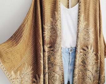 Handmade kimono Damen, unisex langer Boho-Cardigan, golden, dusty blue, leichter Cardigan, XXL leichte Strickjacke, Kimono men