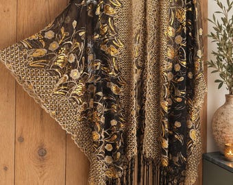 Black Lace Kimono, Sequin Boho Cardigan, Fringe Statement Cape, Plus Size Boho Outerwear, concert festival cover up