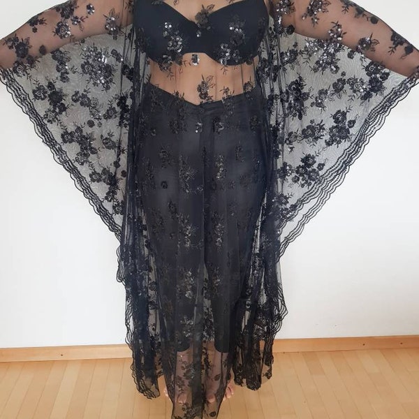 Black Boho Tunic women plus size kaftan resort dress chiffon dress swimsuit cover-up pregnancy ethnic kaftan, cover up with sequins