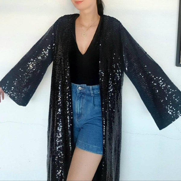 Black long sequins kimono, velvet kimono robe,plus size velvet duster, long cape evening cover up, oversized cardigan, modern abaya women