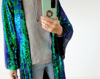 Unisex mermaid sequin kimono, coachella reversable sequin jacket,sequins plus size  duster with tassels, holographic sequin cardigan,