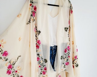 Unisex beig floral cardigan, gree long kimono, light cardigan, festival kimono, plus size bikini cover up, sheer kimono, boho floral duster