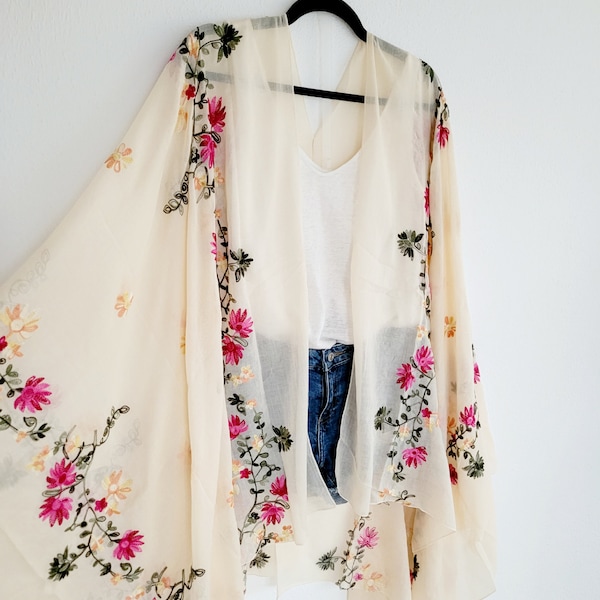 Unisex beige floral cardigan, gree long kimono, light cardigan, festival kimono, plus size bikini cover up, sheer kimono, boho floral duster