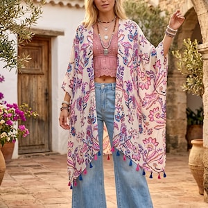 Boho Kimono Floral Print, Summer Beach Cover Up, Plus Size Kimono Cardigan, Festival Kimono, Lightweight Bohemian Jacket, Tassel Kimono
