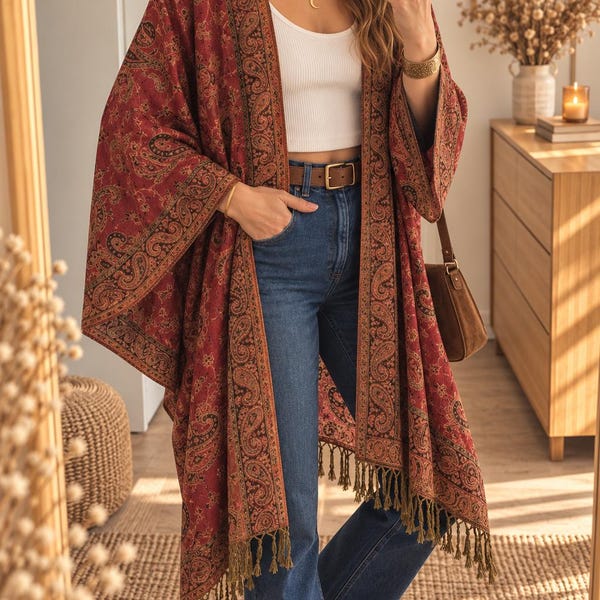 Boho long cardigan, paisley print kimono, light jacket, festival kimono, green and gold kimono, plus size cardigan