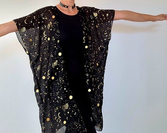 Unisex moon and stars cardigan, black celestial kimono, light cardigan, festival kimono, plus size bikini cover up, witch kimono