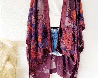 Unisex burgundy burn out velvet floral kimono, boho velvet kimono, shawl cardigan, wine red, black, plus size velvet shawl