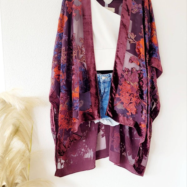 Unisex burgundy burn out velvet floral kimono, boho velvet kimono, shawl cardigan, wine red, black, plus size velvet shawl
