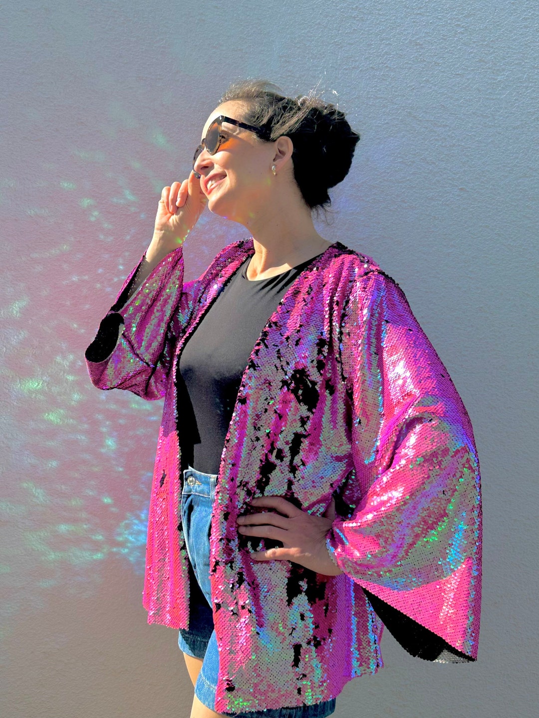 Holographic Sequin Blazer, Reversable Sequinned Jacket Plus Size, Rave ...