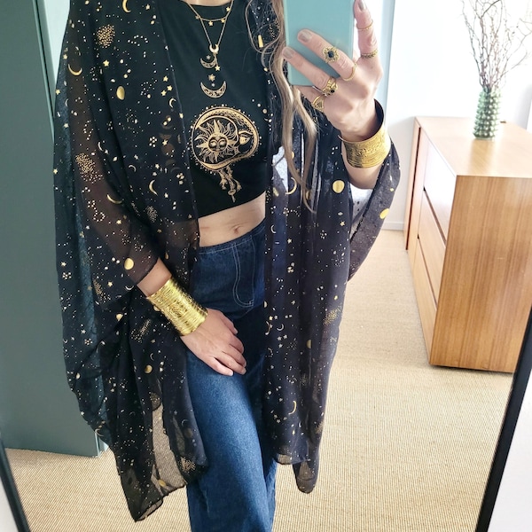 Whimsigoth Moon & Stars Kimono – Boho Festival Cardigan, Unisex Sheer Cover Up, Plus Size Friendly, boho moon kimono, witchy cardigan