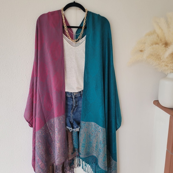 Unisex boho long cardigan, paisley print kimono, light cardigan, festival kimono, plus size bikini cover up, teal and purple kimono