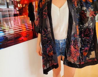 Whimsical black burnout velvet kimono, boho velvet kimono, floral shawl cardigan, wine red, black, plus size festival velvet shawl