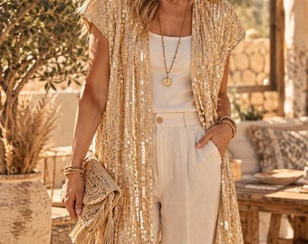 Customized sequin vest/ long sleevless jacket/ black vest/plus size sequin cardigan/ festival glitter vest/ party wear