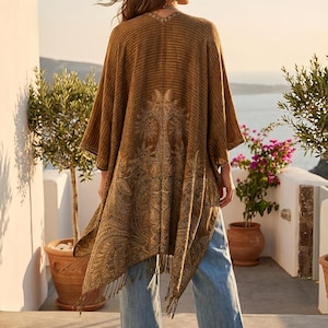 Unisex Christmas gift, boho long cardigan, paisley print kimono, light cardigan, festival kimono, green and gold kimono, christmas present