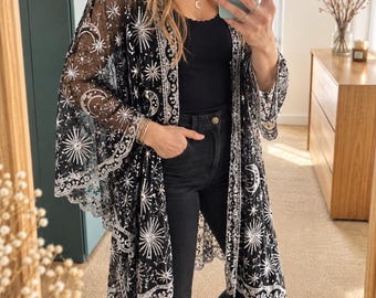 Cosmic Sequin Kimono, Moon and Stars Jacket, Celestial Festival Kimono, Black Gold Boho Cardigan, Sparkly Party Cover Up