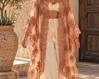 Embroidered Lace Kimono, Sheer Boho Kimono Cardigan, Floral Festival Cover Up, Romantic Bohemian Jacket, Wedding Guest Kimono, Dusty Rose