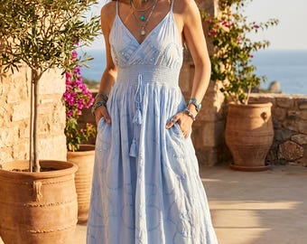 Lång sommarklänning i bomull – Bohoklänning i vitt, turkos och babyblått – lätt maxiklänning EU-storlekar S–XL – luftig klänning för både högtider och vardagsbruk