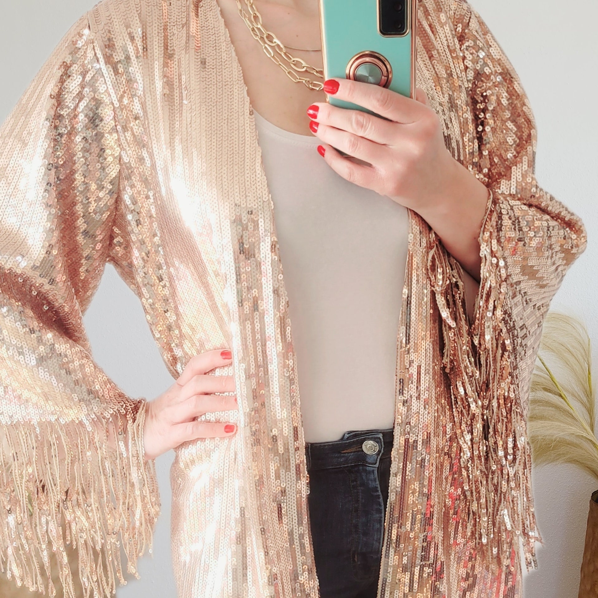 Gold sequin party cardigan with tassels oversized party jacket red sequin kimono black purple plus size sequin tinsel jacket